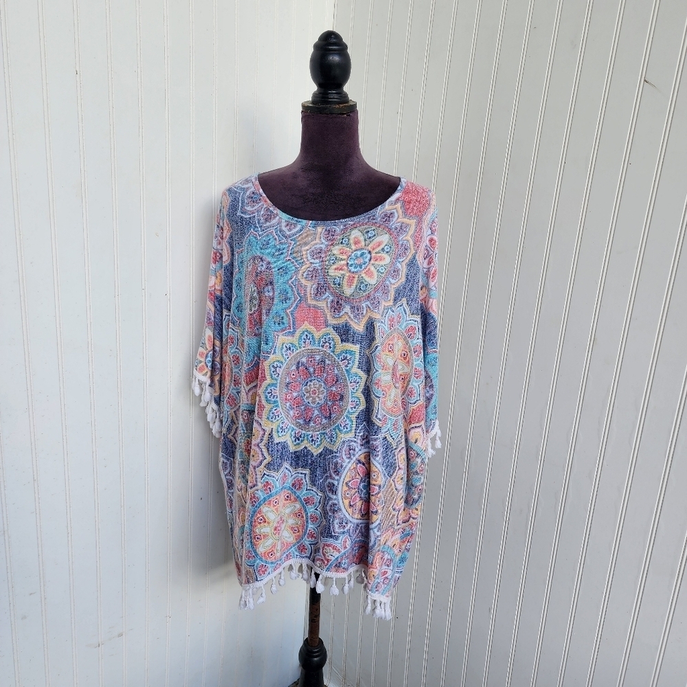 ELSIE & ZOEY Women’s Resort Cruise Pink Blue Tassel One Size Pullover Cover-up